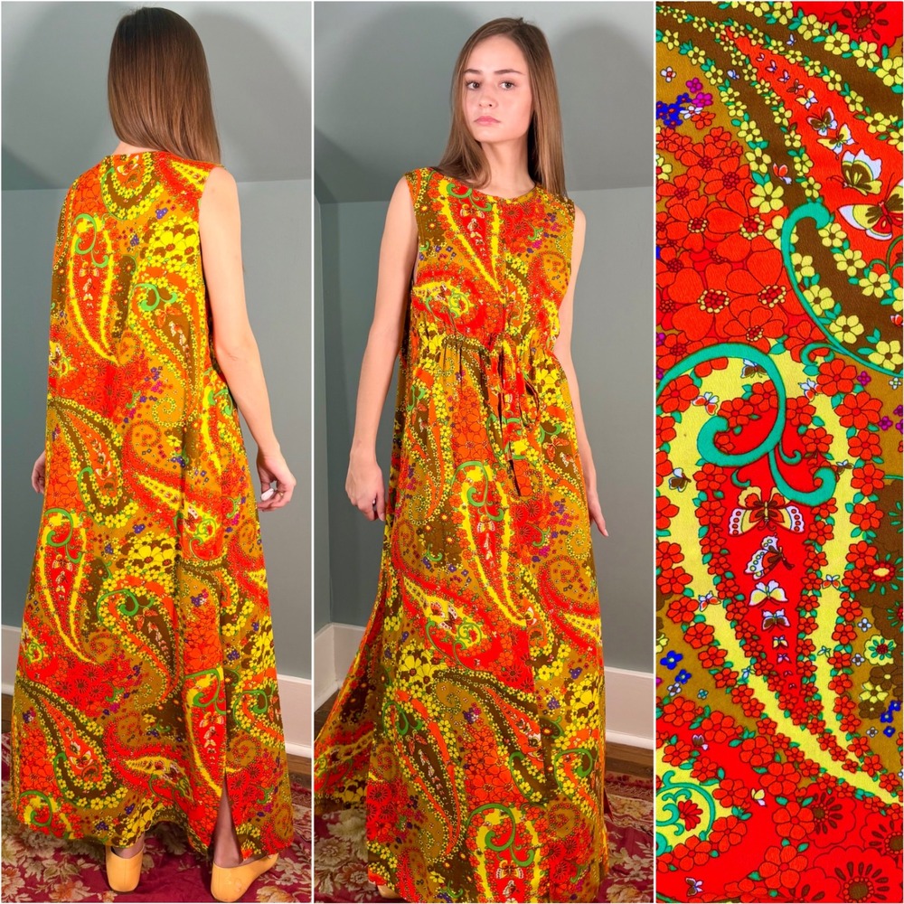 Vintage 1960s Maxi Dress Flower Power Psychedelic Hawaii 60s 70s Extra Large XL